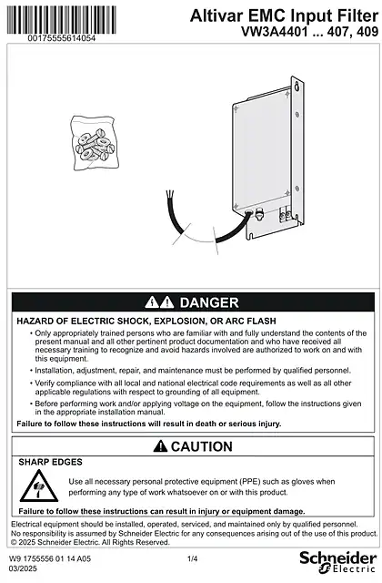 schneider施耐德Instruction sheet - Additional EMC input filter - VW3A4401 ... 407_ 409
